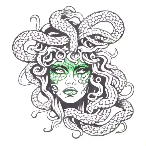 Medusa With Green Eyes And Snakes Attack