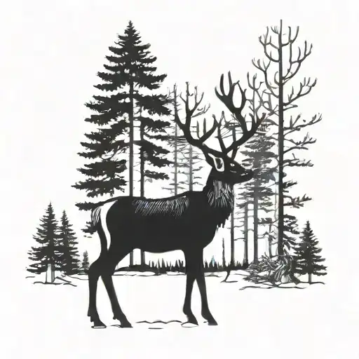 A Detailed Blackwork Tattoo Of A Majestic Deer Standing In A Forest In Northern Maine