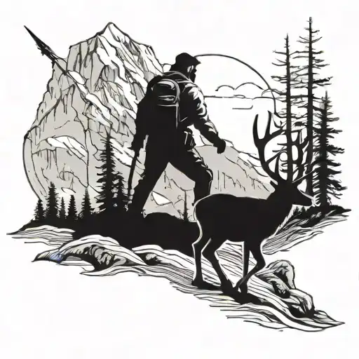 A Hunter Hiking Through The Mountains With A Deer Skull As A Backdrop
