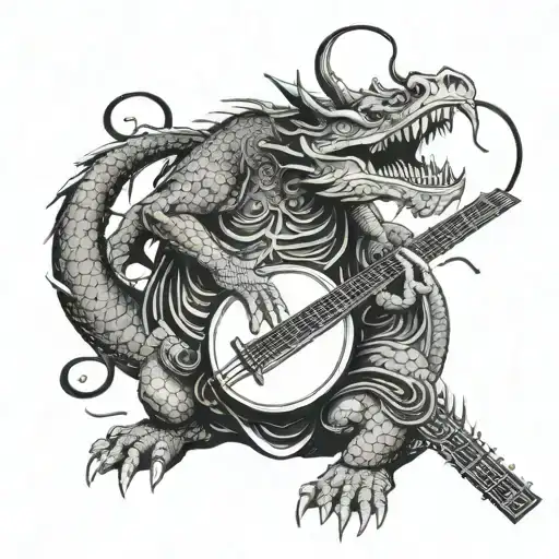 A Dragon Playing A Traditional Japanese Instrument Like A Shamisen Or Koto
