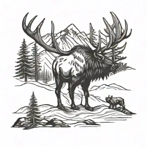 Elk With Mountains And Grizzly Bear
