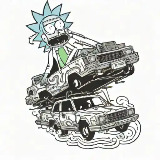 A Psychedelic Tattoo Of Rick And Morty Riding In A Car Made Of Computer Parts