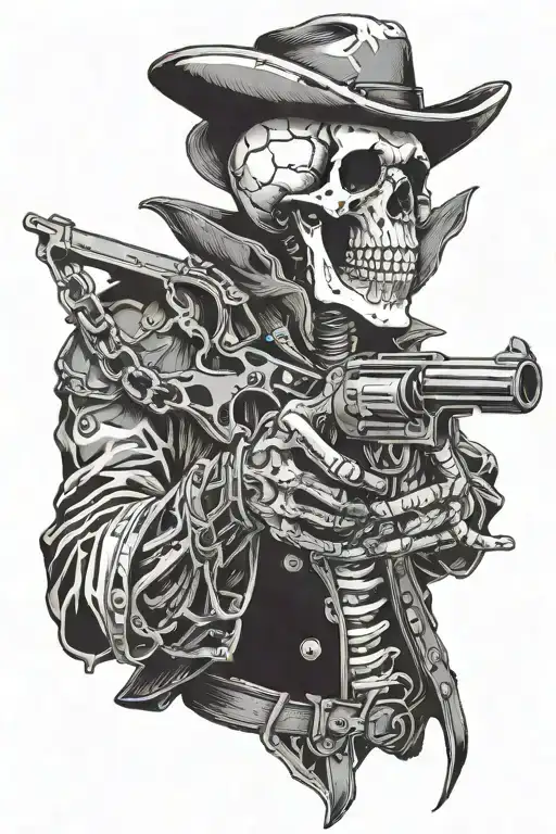 Skeleton Holding Revolver With The Barrel Bent Pointing Towards Him