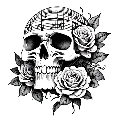 A Skull Composed Of Musical Notes Intertwined With Roses