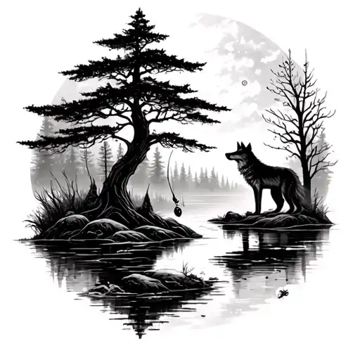 A Mystical Forest Scene With A Hidden Fishing Spot And A Wolf Observing