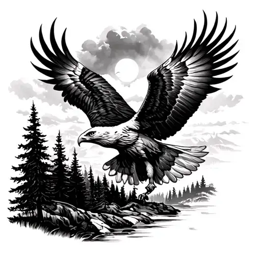A Majestic Eagle Soaring Over A Serene Forest Landscape