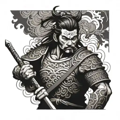 Combine Elements Of Japanese Culture With A Warrior Wielding A Sword