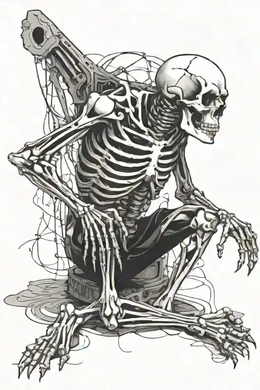 Skeleton Calmly Sitting Alone With Chaos In The Background