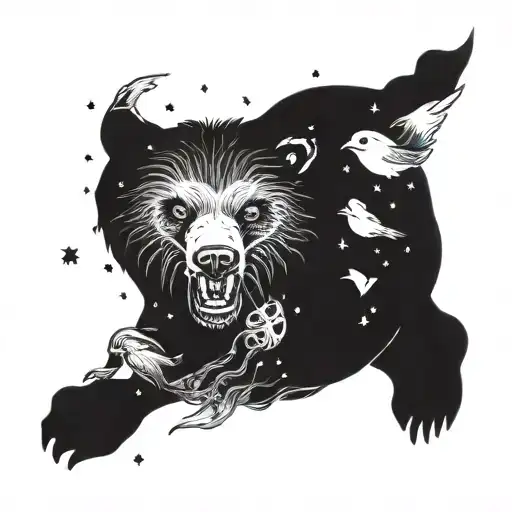 A Cosmic Bear Floating In Space Surrounded By Alien Birds