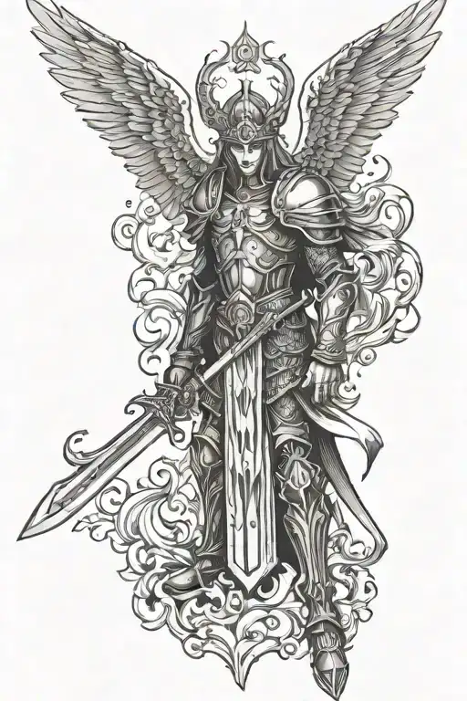 Armor Clad Angel Wielding A Sword With A Flaming Crown Over Its Head