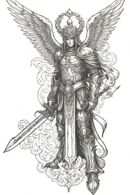 Armor Clad Angel Wielding A Sword Facing Downwards With A Flaming Crown Over Its Head