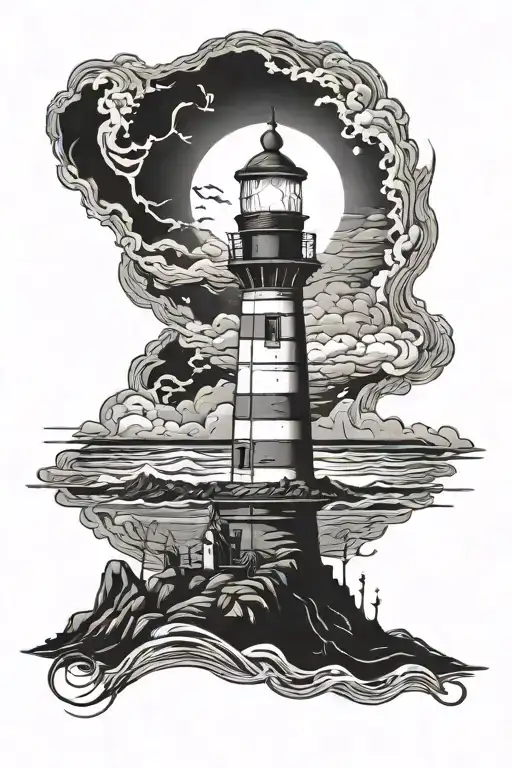 Horror Lighthouse Standing Tall Aura Surrounding On Island With The Reflex In The Sea