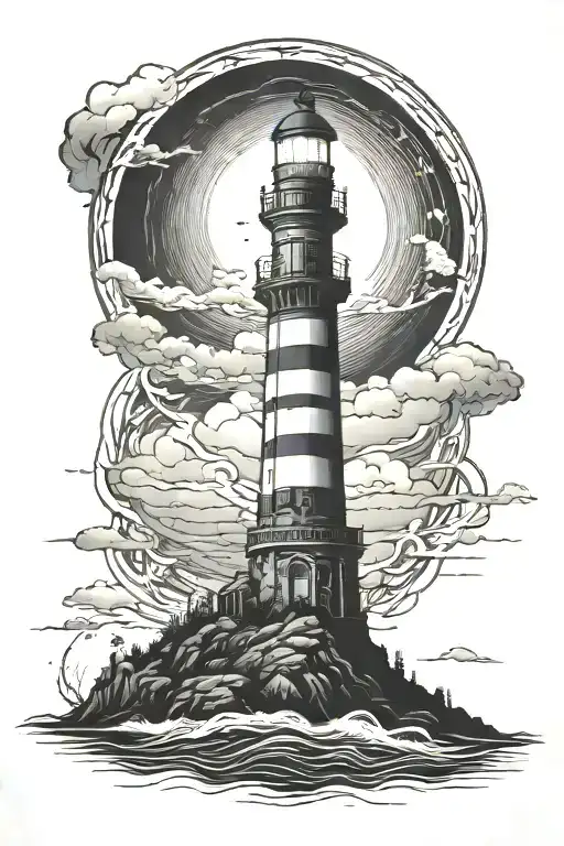 Horror Lighthouse Standing Tall Aura Surrounding On Island With The Reflex In The Sea