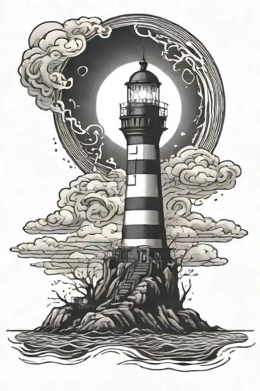 Horror Lighthouse Standing Tall Aura Surrounding On Island With The Reflex In The Sea