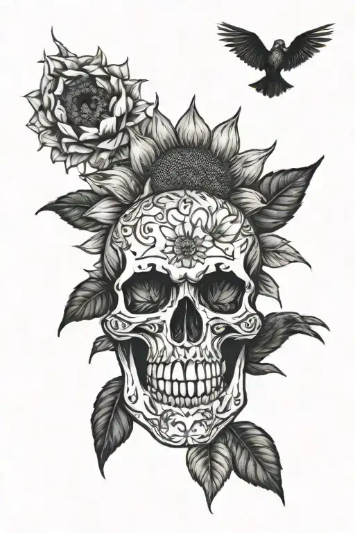 Skull Sunflower Raven Sitting