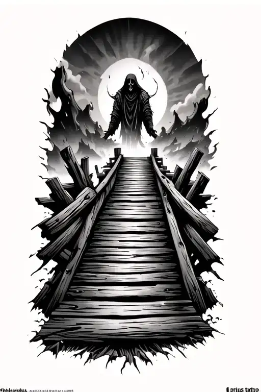 Old Worn Down Wooden Bridge With A Reaper Far Away Nearly Out Of Sight Broken Planks And Fire