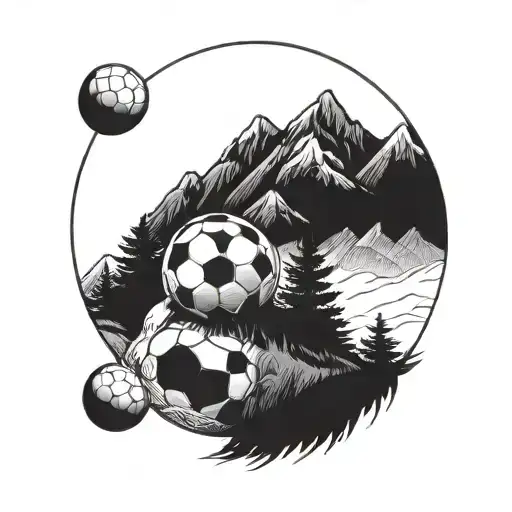 A Mountain Landscape With A Soccer Ball Rolling Down The Hills