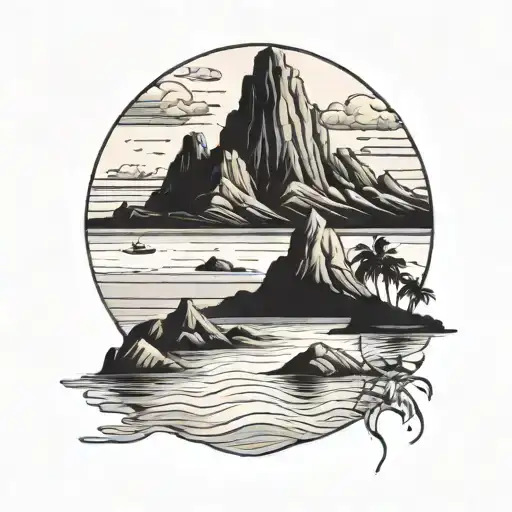 A Serene Beach Scene With A Towering Mountain In The Background