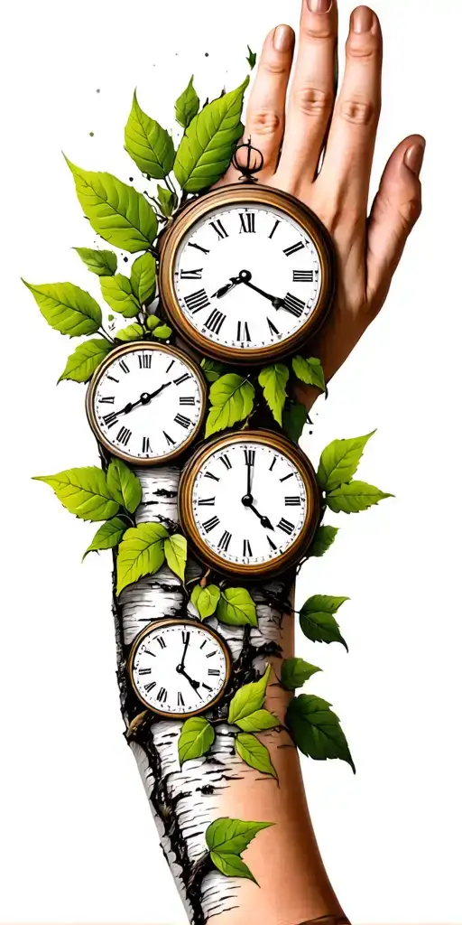 Birch Branches With Green Leaves With Only Three Clocks Integrated Into It For An Arm Sleeve
