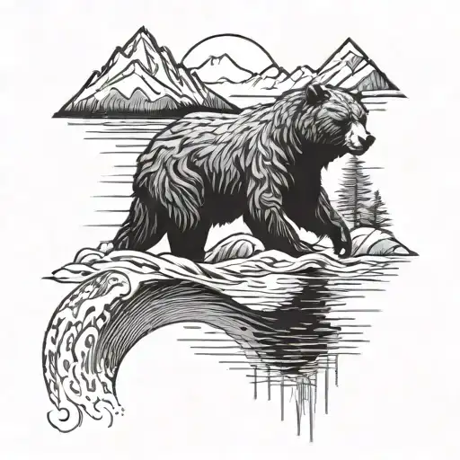 An Intricate Blackwork Design Of A Bear Fishing In A River Surrounded By Mountains