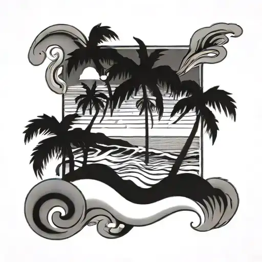 A Tropical Beach Scene With Palm Trees And Waves Crashing On The Shore