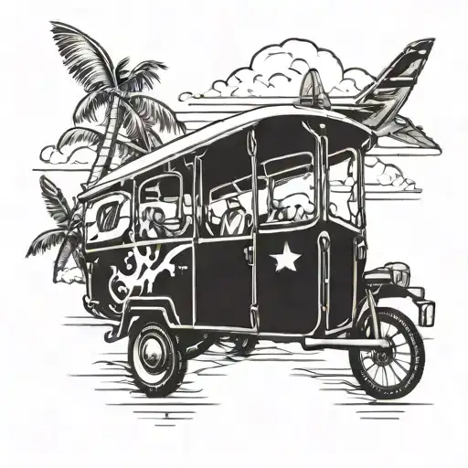 Create An Image In Islander Tattoo Style With A Beach Scene And A 1995 Troop Carrier