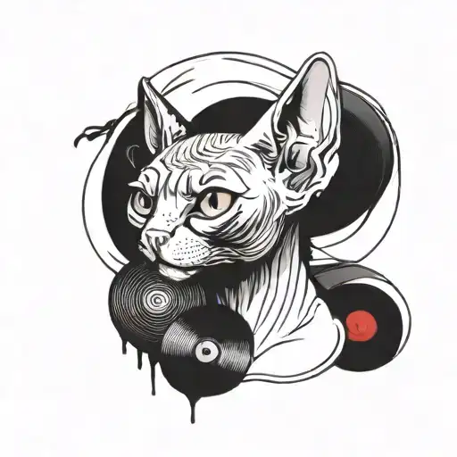 A Sphinx Cat Surrounded By Swirling Vinyl Records And Graffiti-style Hip Hop Lyrics