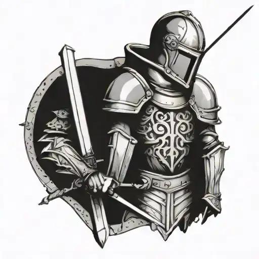 Knight With Heavy Armor With Raymond On Shield And Sword In His Chest