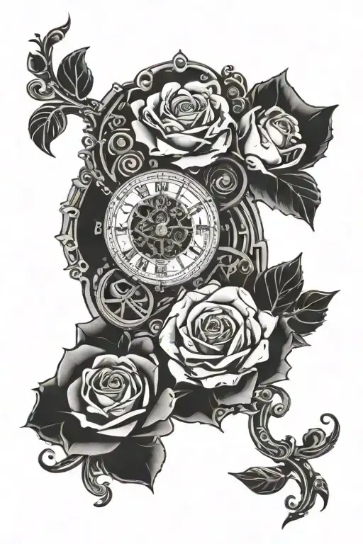 An Intricate Clock Mechanism Intertwined With A Bouquet Of Roses