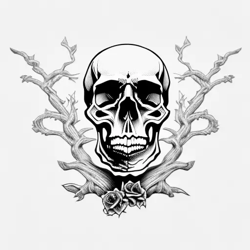 Skull With Dead Tree And Purple Rosed