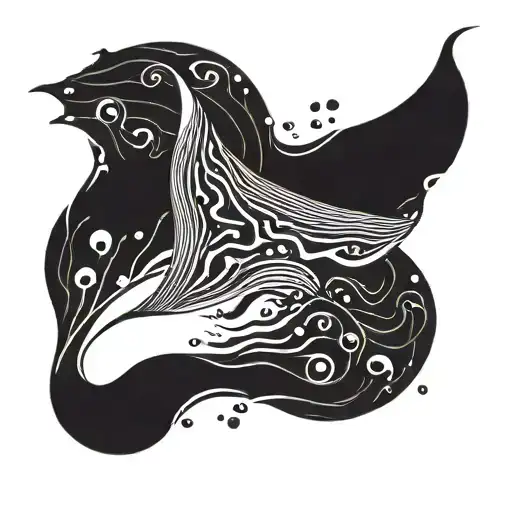 A Minimalist Blackwork Tattoo Of A Stingray Silhouette Against A Backdrop Of Swirling Water