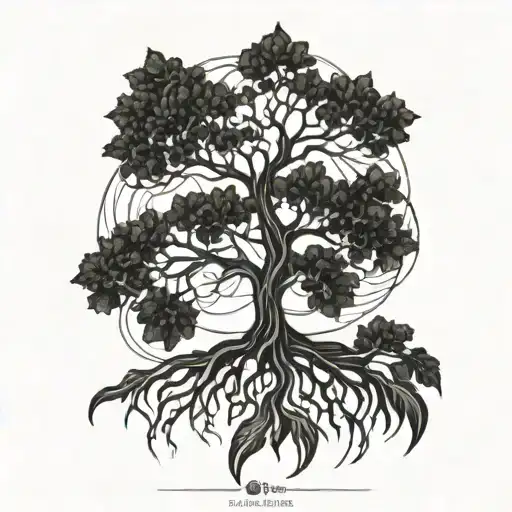 A Blackwork Tattoo Of A Tree With Intricate Energy Patterns Flowing Through It