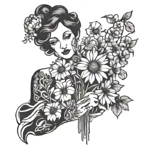A Blackwork Tattoo Of A Feminine Figure Holding A Bouquet Of Colorado Wildflowers