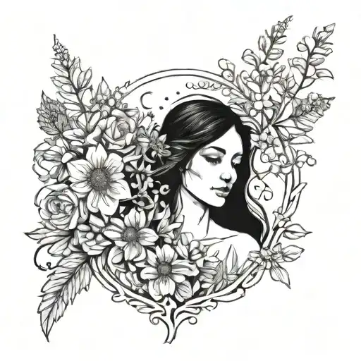 A Blackwork Tattoo Of A Feminine Figure Holding A Bouquet Of Colorado Wildflowers