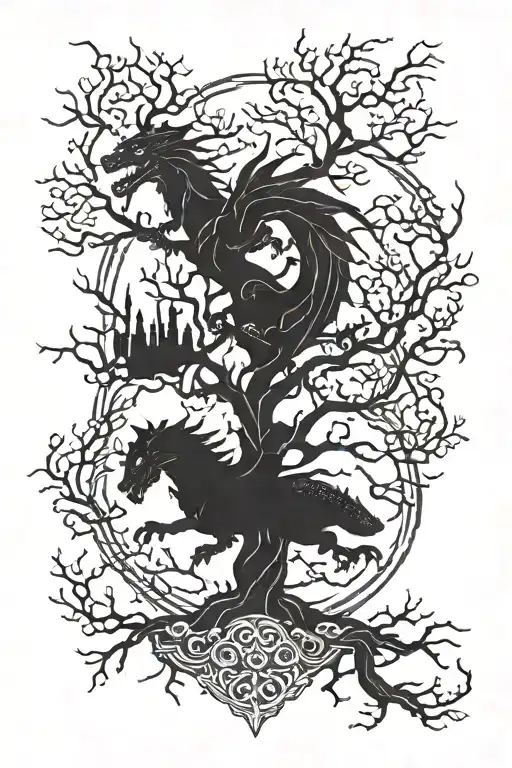 Game Of Thrones Themed Tattoo With The Tree With The Family Of Dragons In The Branches