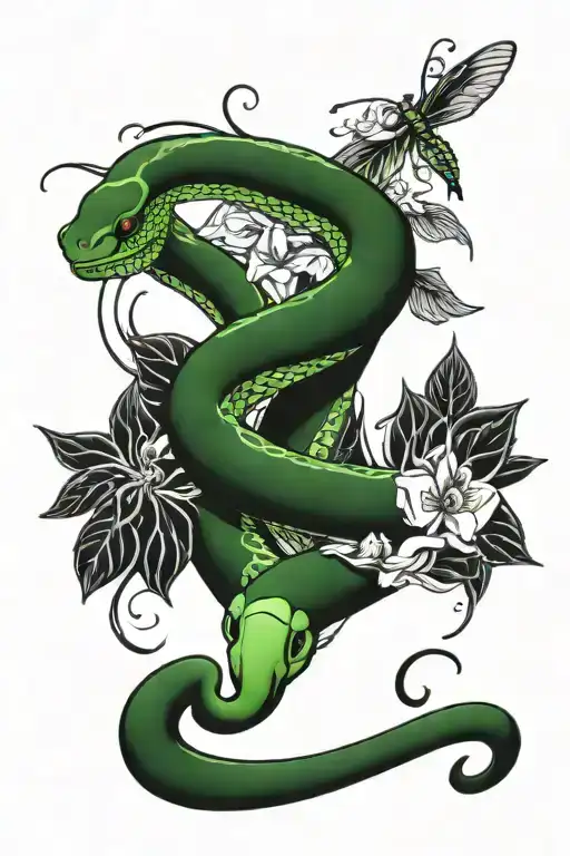 Green Mamba Snake Wrapped Around Heart With Flowers