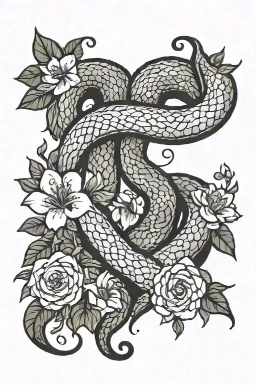 Black Mamba Snake Wrapped Around Heart With Flowers