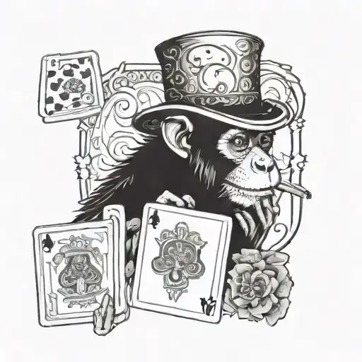 Monkey Wearing Top Hat Holding Playing Cards With A C E