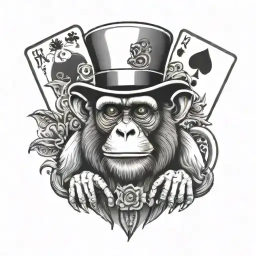 Monkey Wearing Top Hat With Fanned Playing Cards