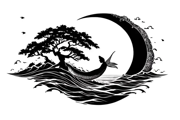 Sun Moon Tree Ocean Koi Fish Swimming Guy Surfing Mermaid