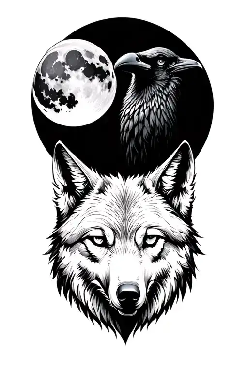 Wolf Head And Raven And Moon