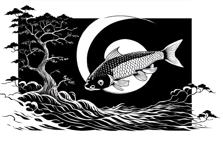 Sun Moon Tree Of Life Koi Fish Swimming Upstream