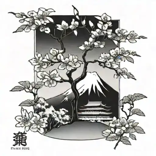 A Blackwork Tattoo Of A Cherry Blossom Tree With Mount Fuji In The Background
