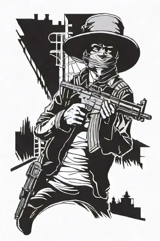 Robber With Ak47 And Tall Houses In Background