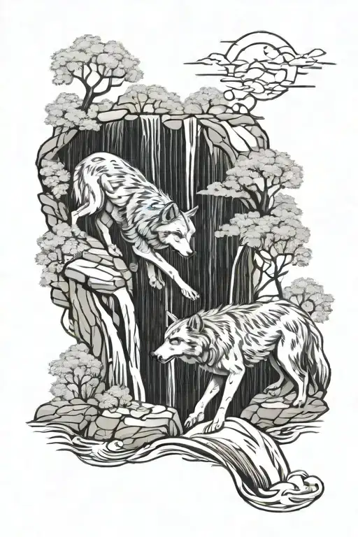 Wolves Going Down A Waterfall Flowing