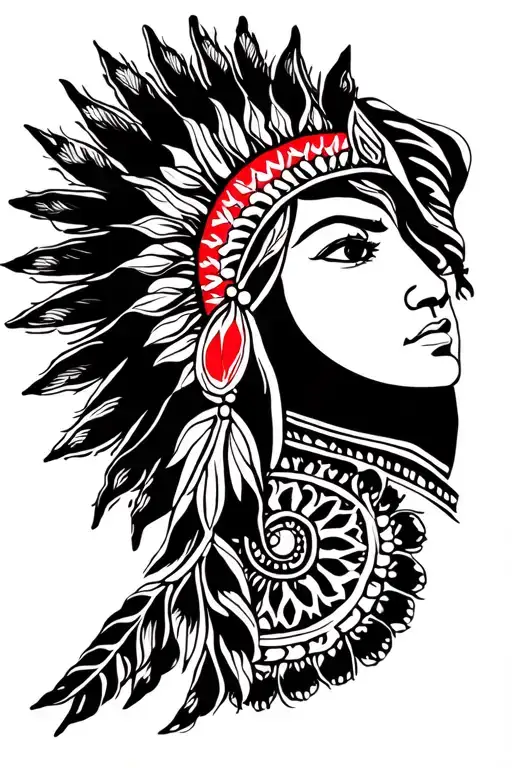 Red Indian Face Of Women And Sun