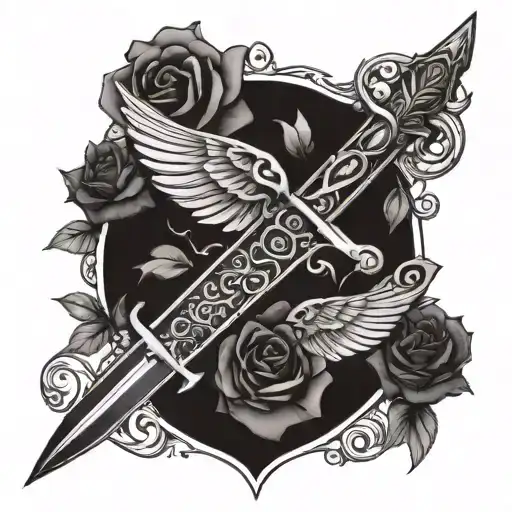 Sword With Wings Stabbing Rose With Scrolls Saying Mercy Prevails Over Wrath