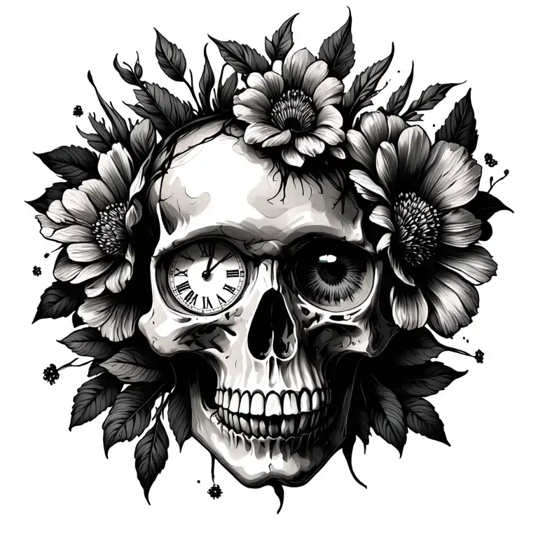 Skull With Clock In Left Eye And Flowers Coming Out The Right Eye