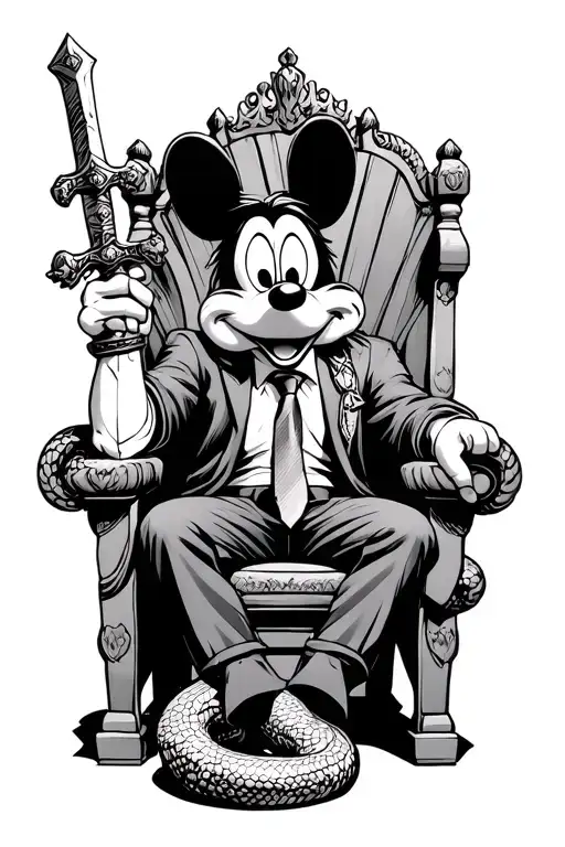 Goofy With A Sword That Surrounded By A Snake And He Is Sitting On A King Throne With His Tie