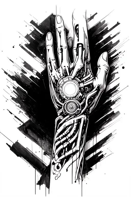 A Sketch Of A Cyberpunk Tattoo On The Forearm Of The Right Hand Of A Biomechanics